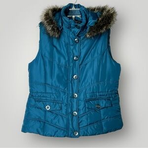 New York & Co Teal Puffer Vest Jacket Removable Faux Fur Hood Womens L